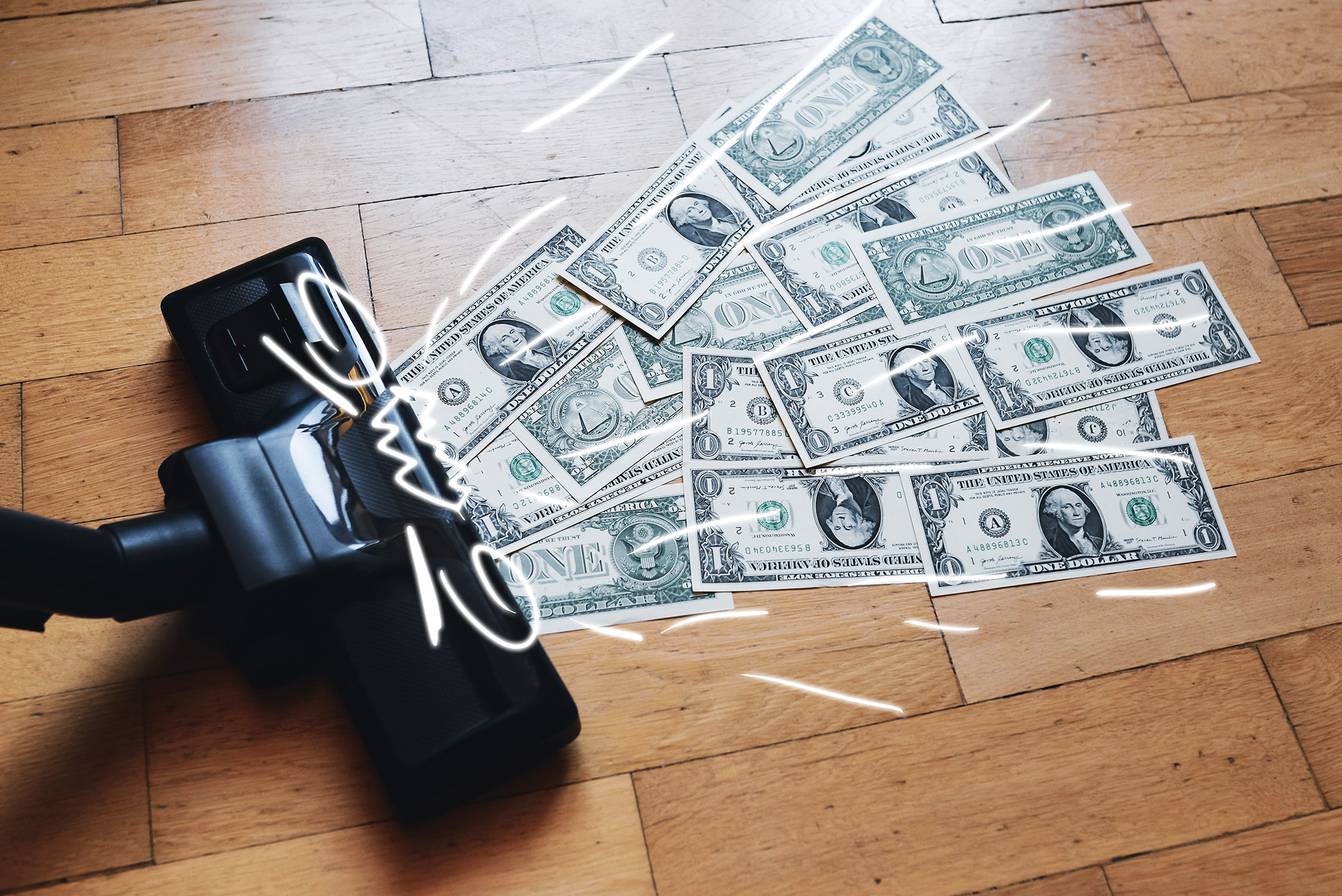 Vacuum cleaner sucking up dollar bills as a visual metaphor for rising AI usage costs caused by token-based billing and large context processing.