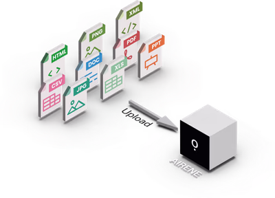 Illustration: Airene verarbeitet hochgeladene Dateien in vielen Formaten, etwa HTML, CSV, JPG, PNG, DOC, XLS, XML, PDF und PPT.