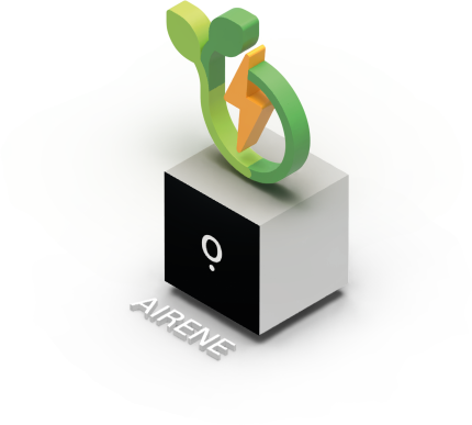 Illustration: Airene-Box mit Energie-Symbol – steht für ressourcenschonenden, energieeffizienten KI-Betrieb im Unternehmen.