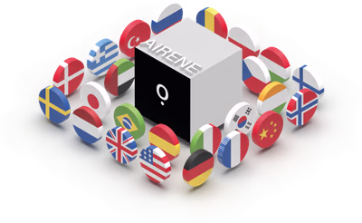 Illustration: Airene als zentrale KI-Box, umgeben von Flaggen – Symbol für die Unterstützung mehrerer Sprachen.