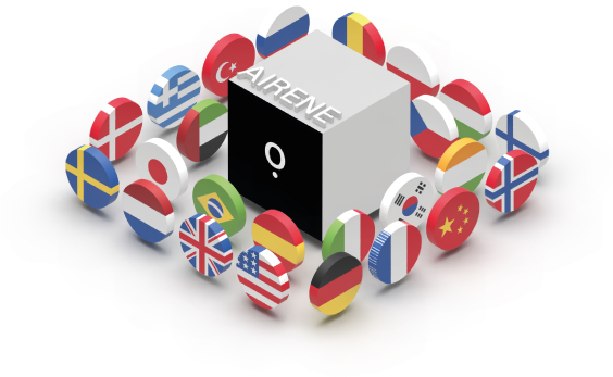 Illustration: Airene als zentrale KI-Box, umgeben von Flaggen – Symbol für die Unterstützung mehrerer Sprachen.