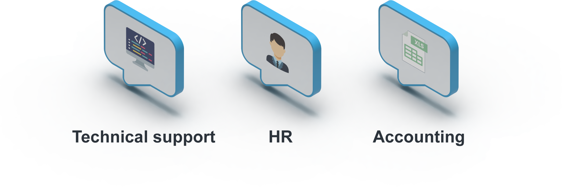 Three chat symbols containing code, a person and a spreadsheet represent AI assistants for technical work, HR and accounting.